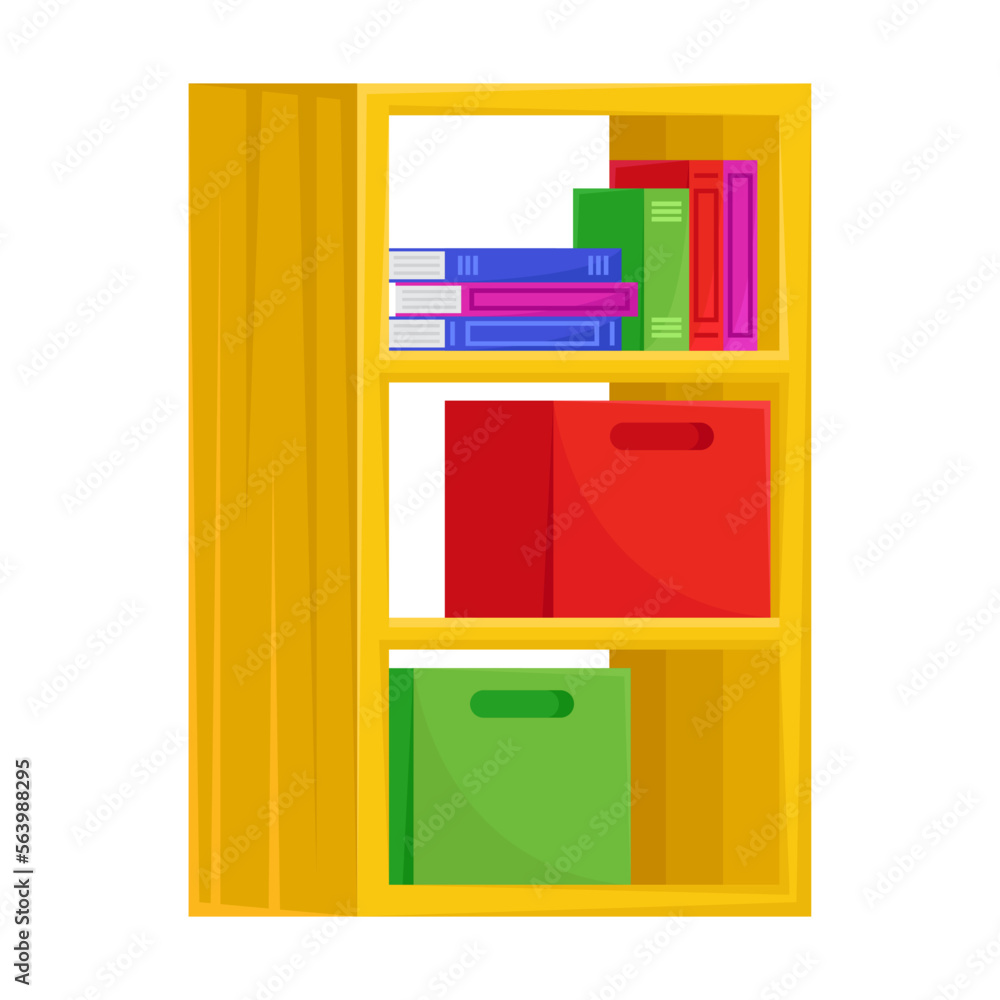 Wooden shelf with books and boxes for storing small items. Kindergarten or nursery element vector illustration. Drawing of furniture for children, bedroom or studying room interior Wooden shelf with books and boxes for storing small items. Kindergarten or nursery element vector illustration. Drawing of furniture for children, bedroom or studying room interior
