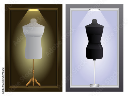 illustration of vintage mannequin in 

boutique shop facade.