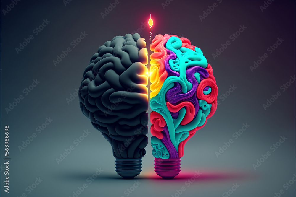 creative lightbulb dark and colorful brain on dark background 3d illustration for powerful idea generate and growing creative lightbulb dark and colorful brain on dark background 3d illustration for powerful idea generate and growing
