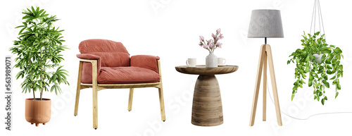 Various elements for use in interior design, isolated on transparent background. 3D render. 3D illustration. #563989071