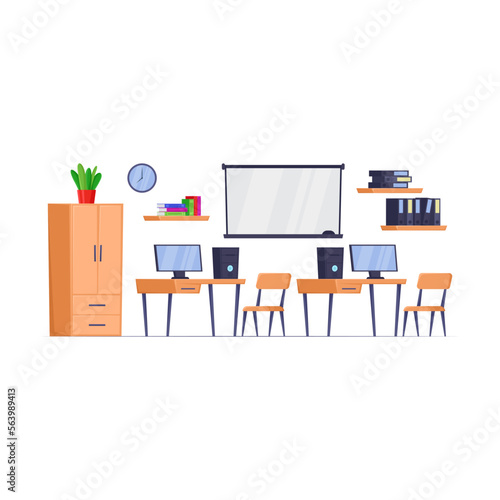 Interior of a computer class with modern computing devices and a projector for viewing slides. Facilities for school children vector illustration. Education concept