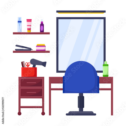 Interior of hairdressing salon cartoon illustration. Hair design studio or beauty salon with furniture, mirror, chairs, hairdryer and equipment for hairstyle. Occupation concept
