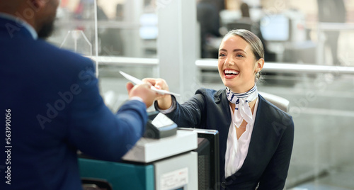 Obraz na plátně Airport, passport and travel with a woman passenger assistant helping a business man traveller with check in