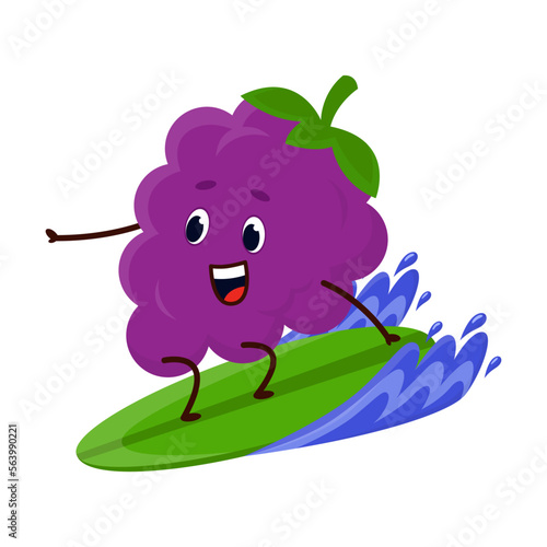 Juicy fresh forest blackberry fruit on surfboard conquers wave. Cheerful fruit is engaged in extreme sports. Cartoon Vector isolated on white background
