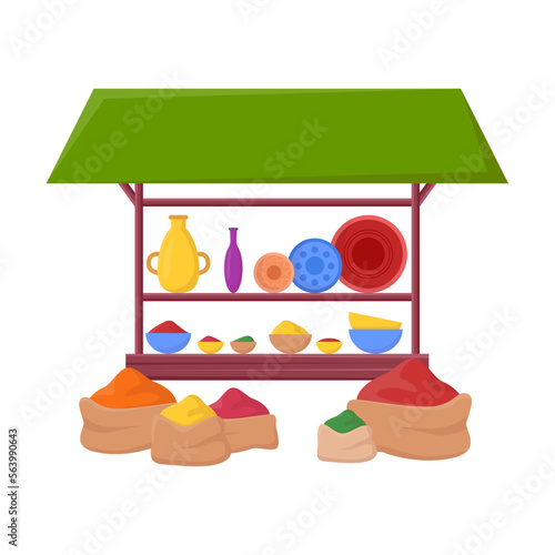 Trade tent vector illustration. Oriental bazaar or street marketplace with pottery, merchant stalls on white background. Marketing, Middle East, Thailand or India concept