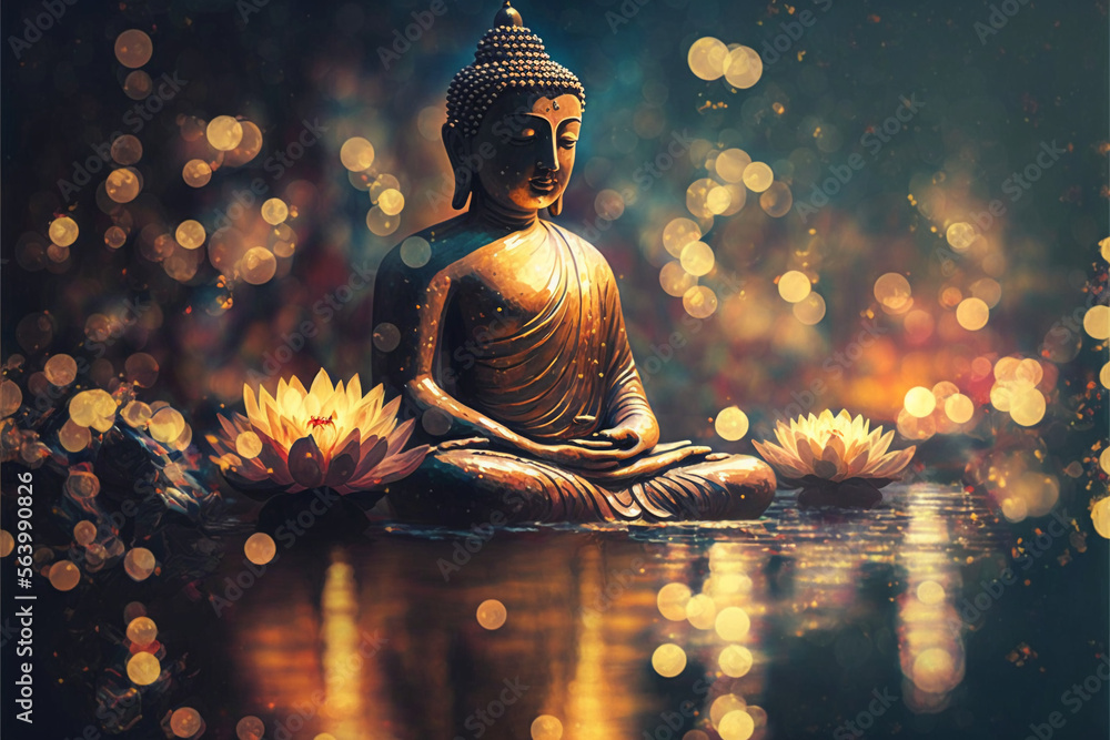Buddha statue in the water with lotuses. AI generation - obrazy, fototapety, plakaty 