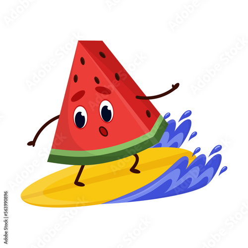 Juicy red sweet watermelon fruit on surfboard conquers wave. Cheerful fruit is engaged in extreme sports. Cartoon Vector isolated on white background