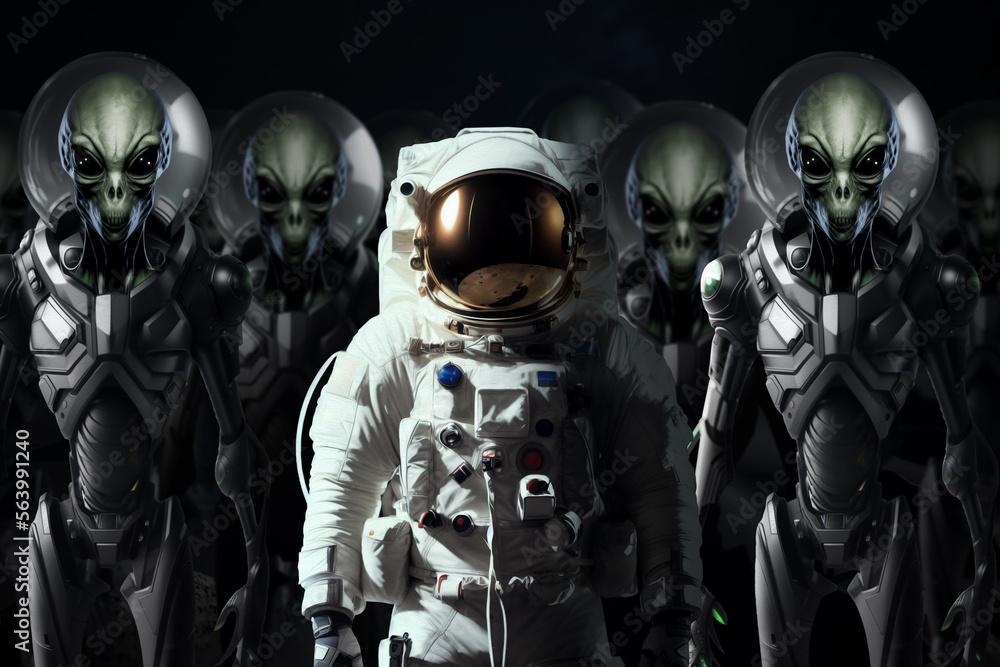 An astronaut in a spacesuit against the background of aliens. Exploration of space and other planets, search for extraterrestrial life form, search for aliens. 3D illustration, 3D rendering