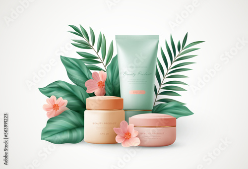3d realistic scene of Cosmetic Products and Tropical Palm Leaves. Web Site Design, Cosmetics Store Page Landing. Vector illustration