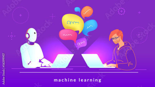 Artificial intelligence and machine learning. Gradient vector illustration of male teenager texting to chatbot using laptop. Virtual intelligent assistance, customer care and help desk