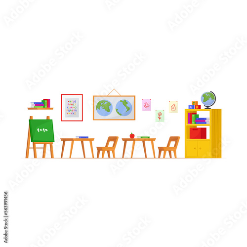 Interior classrooms in kindergarten for drawing, mathematics and creativity. Facilities for school children vector illustration. Education concept