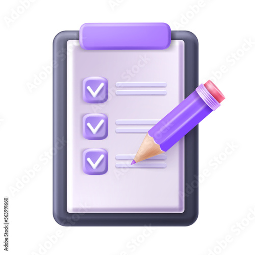 3D checklist on clipboard vector icon, exam paper document, online digital checkbox form  clipart. Education test, marketing questionnaire survey, pencil, flip chart note. Planning 3D checklist done