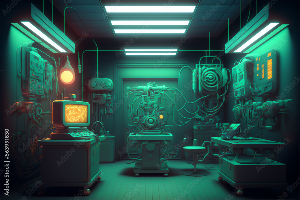 Gloomy Colors of a Night Operating Room is an eerie depiction of a hospital operating room, illuminated by the faint blue light of a night sky. as medical staff prepare for an operation  generative ai