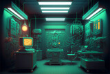 Gloomy Colors of a Night Operating Room is an eerie depiction of a hospital operating room, illuminated by the faint blue light of a night sky. as medical staff prepare for an operation  generative ai