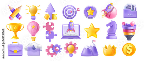 3D startup icon set, rocket launch, laptop screen, creative idea bulb, golden trophy, funnel. Business project vector marketing object kit, professional strategy concept. Startup icon achievement star