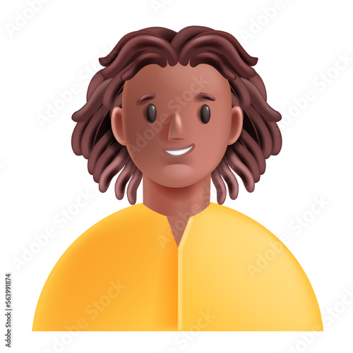 3D black man avatar, vector cartoon businessman profile, African face portrait, afro hairstyle. Cheerful young student, adult freelancer character, happy person. Black man entrepreneur illustration