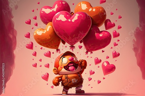 Cute toy holding heart shaped balloons. Card design for kids, birthday or Valentine's day. Pink, red, orange colors. Generative AI.