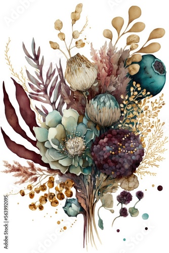 burgundy, teal and gold watercolor bouquet, boho fall flowers on white texture background, AI assisted finalized in Photoshop by me 