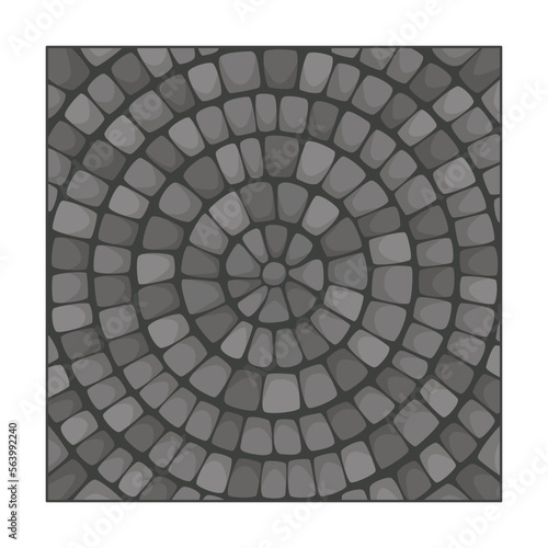 Stone tiles texture for city pavement. Illustration of cobblestone road with mosaic blocks. Top view of pave pattern. Sidewalk concept