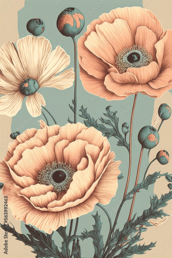 pastel vintage art style poppy flowers art deco, vintage, boho style