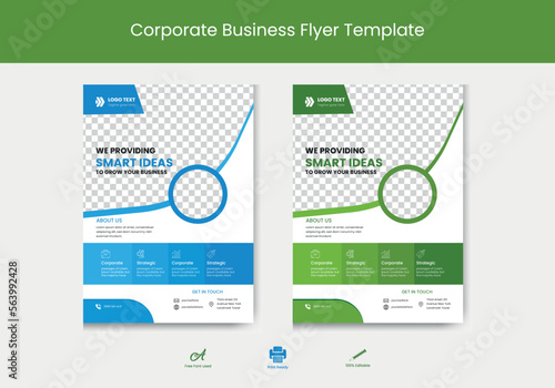 Corporate business flyer template with blue & green geometric shapes