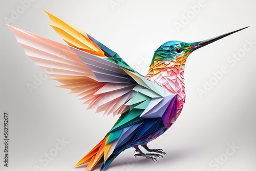 A very colourful origami hummingbird that is about to take off created using generative AI tools