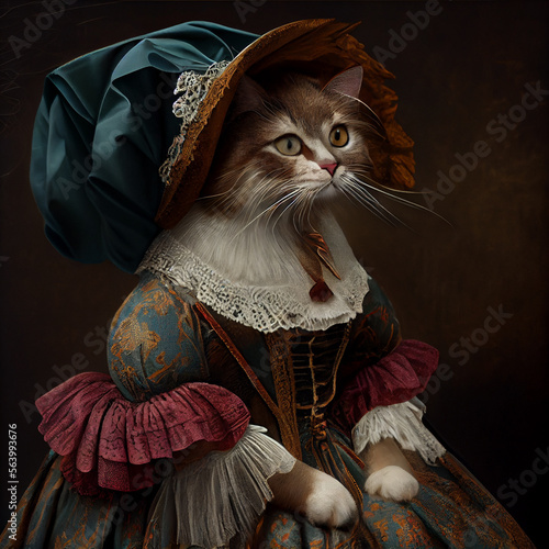 Lady cat. Elegant female model wearing in retro style outfit. Comparison of art, surrealism, beauty and creativity, ad. Contemporary collage.