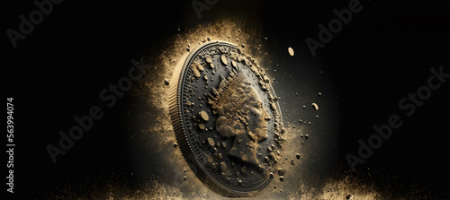 british sterling coin in particles splash for inflation and pound financial issues concept with copyspace area and isolated on black background photo