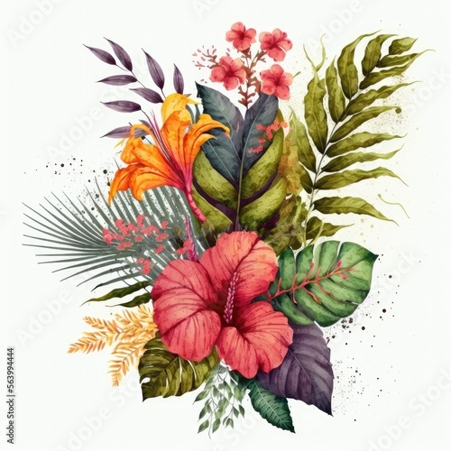 Watercolor bouquet with bright tropical leaves and flowers. Hibiscus  palm leaf. Jungle floral arrangements. AI assisted finalized in Photoshop by me 