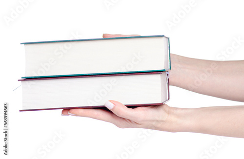 Stack books education in hand on white background isolation