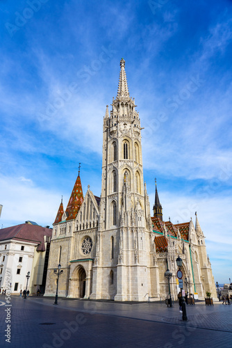 Beautiful Matyas templom Matthias church in Buda castle Budapest with blue sky