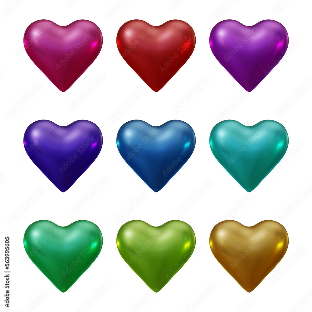 Set of heart icons or love symbol shapes in 3d rendering Set of heart icons or love symbol shapes in 3d rendering