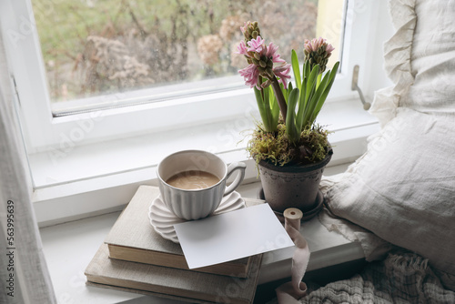 Feminine spring composition. Cup of coffee  books and blank greeting card mockup near window. Vintage Easter styled photo. Moody floral composition. Potted pink hyacinth flowers. Linen cushion.