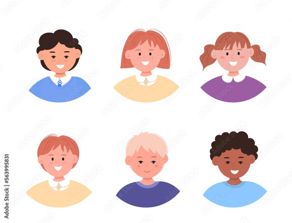Set of children avatars. bundle of smiling faces of boys and girls with different hairstyles, skin Set of children avatars. bundle of smiling faces of boys and girls with different hairstyles, skin
