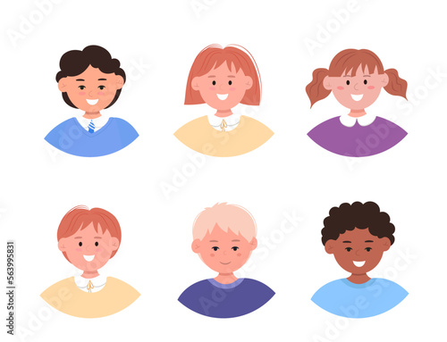 Set of children avatars. bundle of smiling faces of boys and girls with different hairstyles, skin