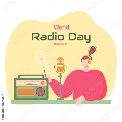 World radio day.  Poster or banner design on yellow background with a woman. Flat design vector illustration.