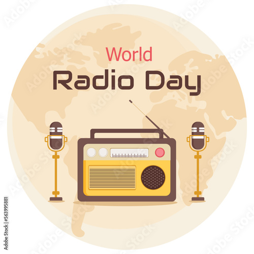 World radio day.  Poster or banner design on beige background. Flat design vector illustration.
