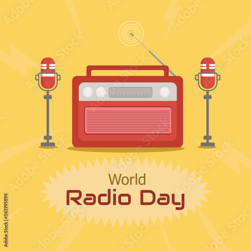 World radio day.  Poster or banner design on yellow background. Flat design vector illustration.