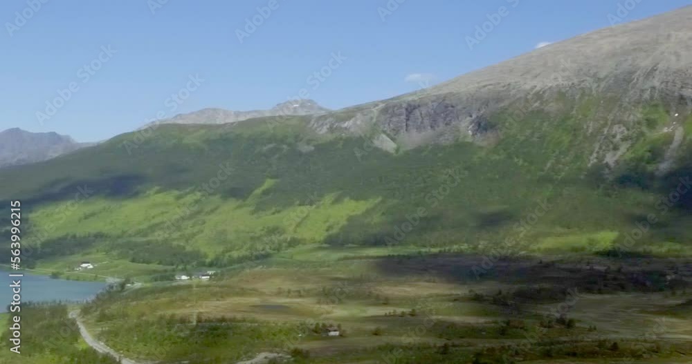 Aerial view of mountains from Blåvatnet trail head in summer, Lyngen, Norway. Aerial view of mountains from Blåvatnet trail head in summer, Lyngen, Norway.