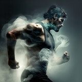 Double exposure image of athlete and smoke. Made with Generative AI. 