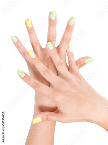 Obraz na płótnie Hands with citrus theme art manicure. Isolated png with transparency w salonie