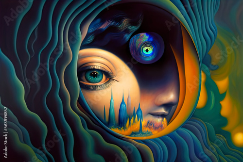 Surreal Image Of A Man Standing In Front Of A Large And Colorful Eye