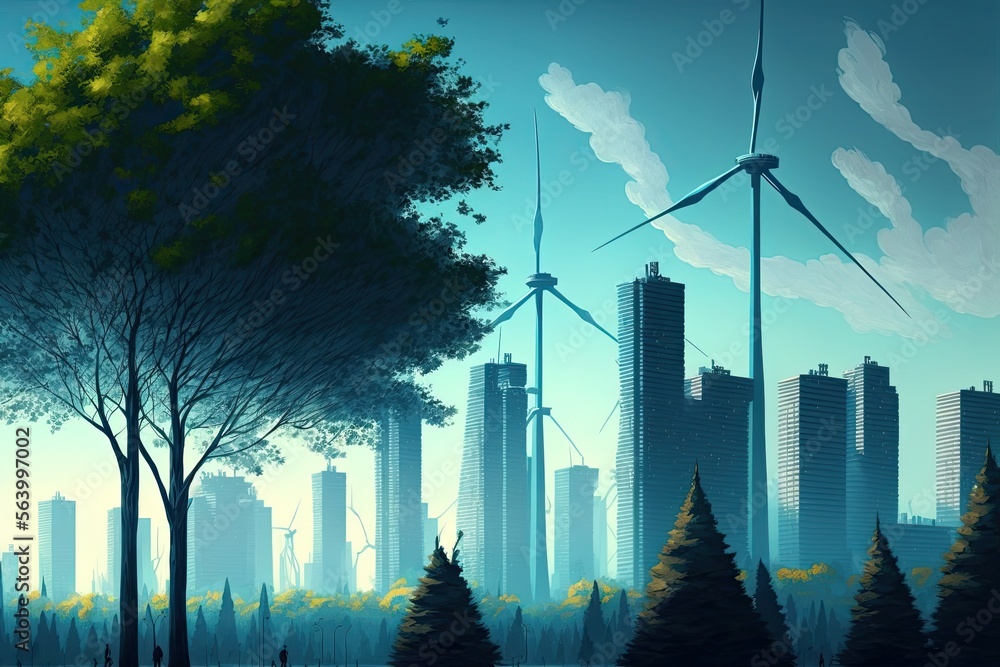 wind turbines in the city. Generative AI. wind turbines in the city. Generative AI.