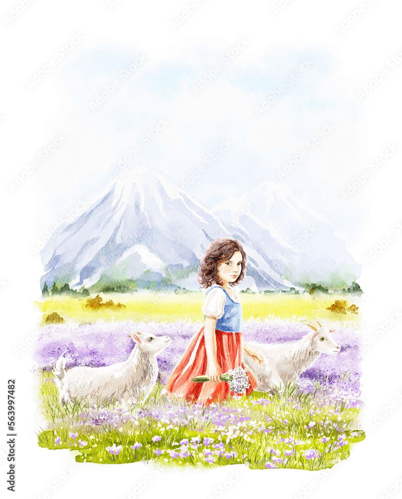 Watercolor fantasy cute girl Heidi walks through meadow with flowers in