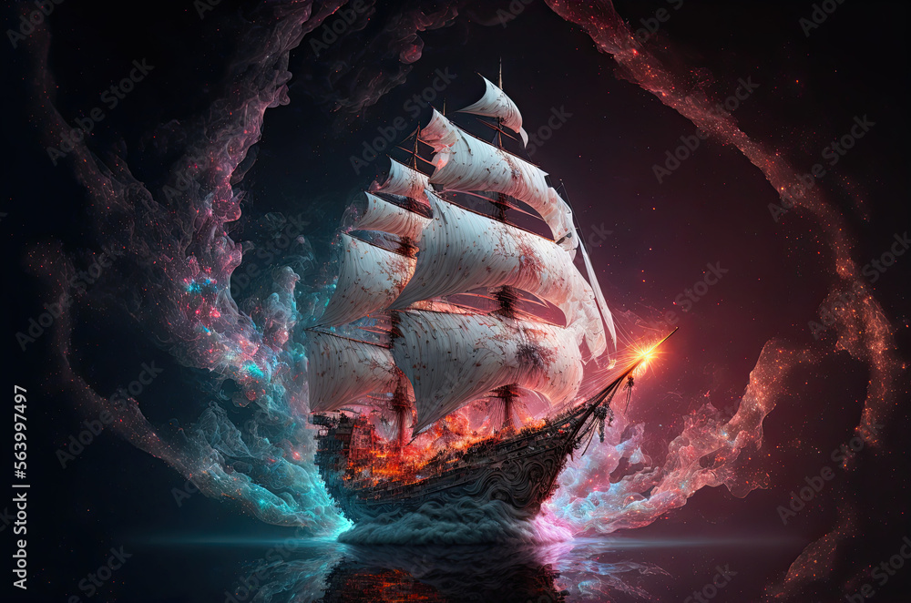 A mysterious ghost ship sailing in a sea of stars and nebula created ...