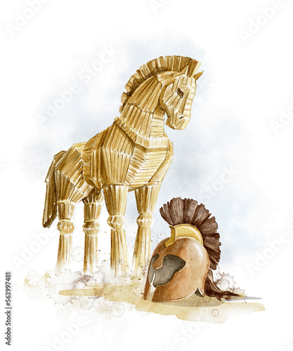 Bilde på lerret Watercolor fantasy mythological greek wooden trojan horse and ammunition helmet isolated on white background