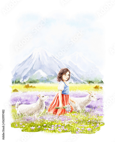 Watercolor fantasy cute girl Heidi walks through meadow with flowers in mountains with two goats friends isolated on white background. Hand drawn illustration sketch photo