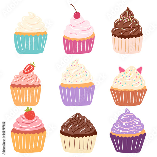 Hand drawn delicious cupcakes in cartoon style. Vector illustration of sweets, dessert, pastries