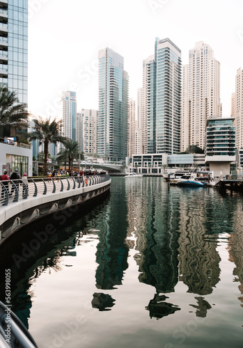 Modern skyscrapers and water pier of Dubai Marina,, United Arab Emirates