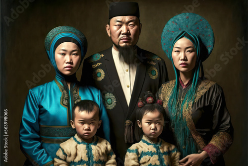 Uyghur family wearing traditional cloth. Generative AI. photo
